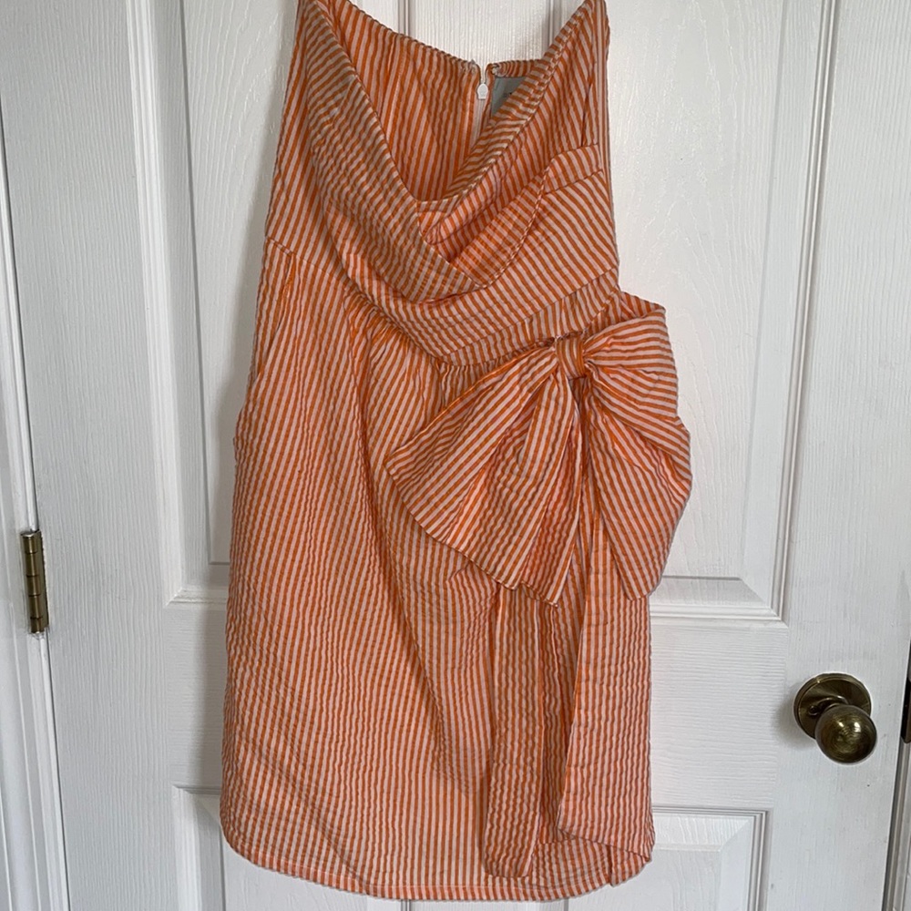 Judith March Orange Seersucker Strapless Dress